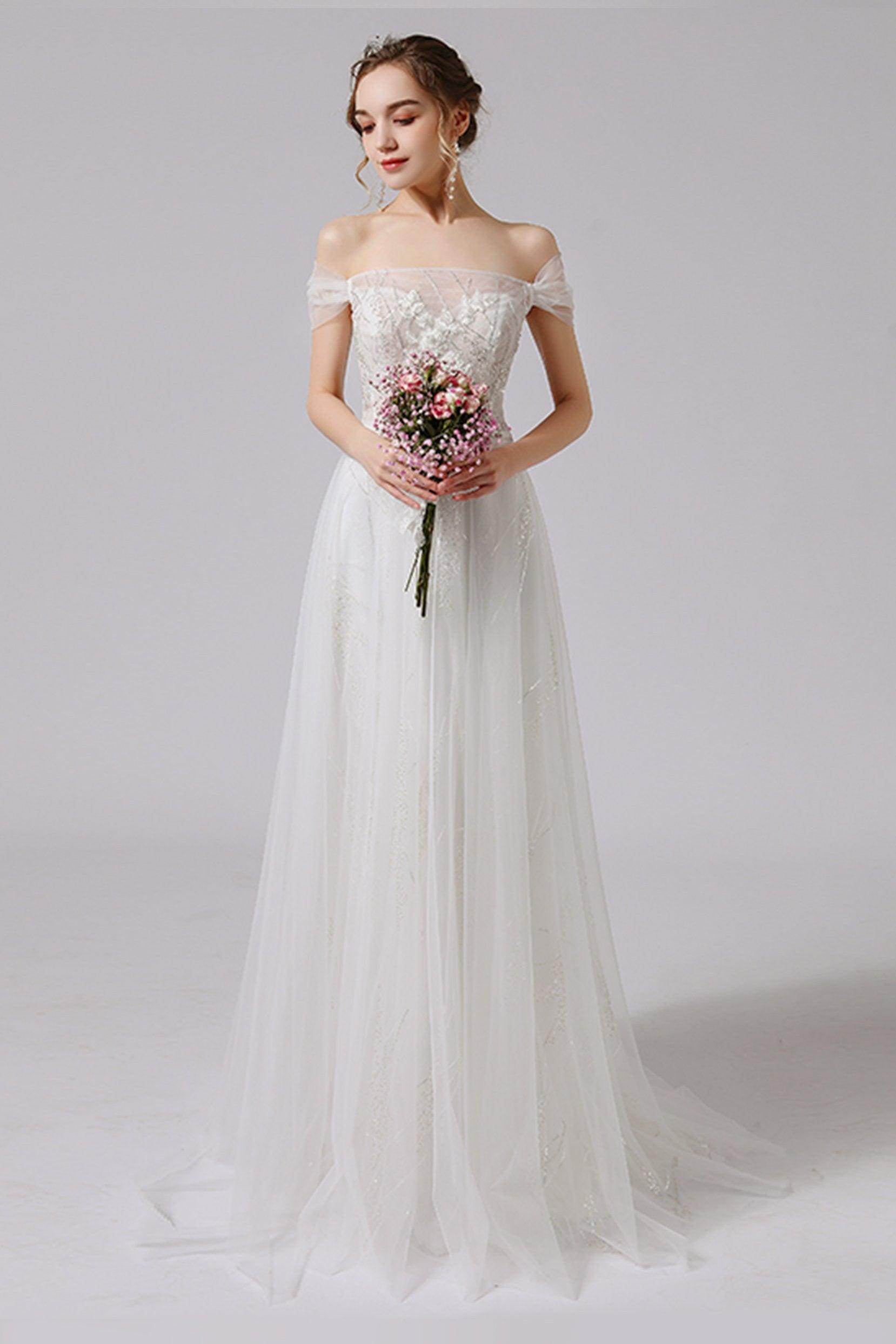 A-Line Sweep-Brush Train Lace Tulle Wedding Dress CW2716 - COCOMELODY